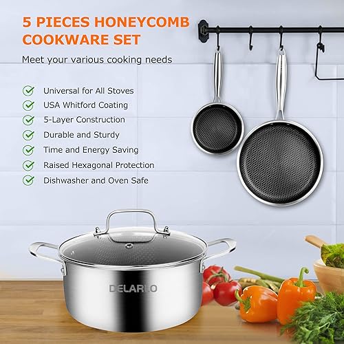 Miniatura 3 de DELARLO Juego de ollas y sartenes antiadherentes de acero inoxidable híbrido 5 piezas de utensilios de cocina de cocina incluso calor 188 de acero