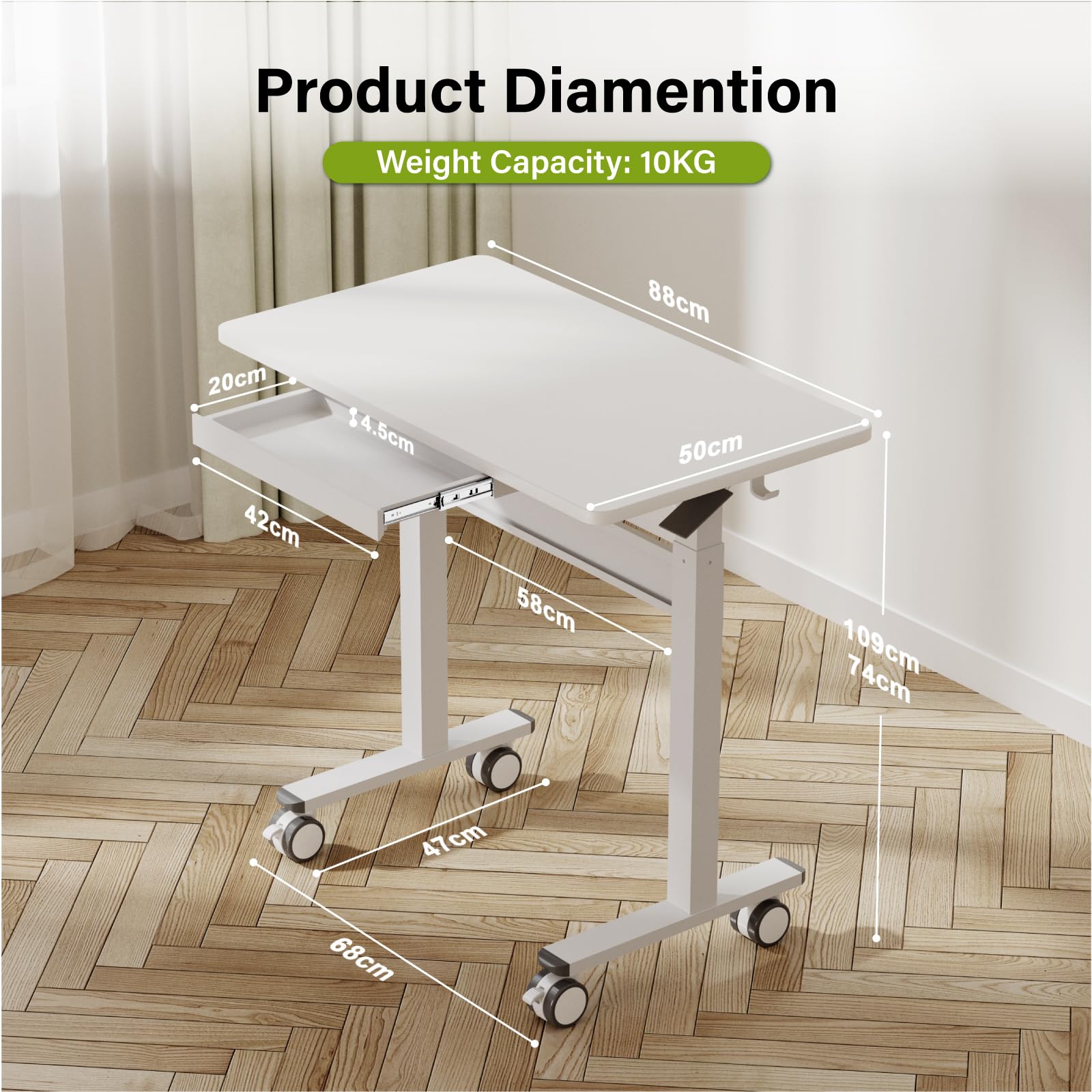 Bureau Debout réglable en Hauteur - Table de Travail Mobile avec roulettes et système pneumatique - Position Assise ou Debout - Bureau Domicile pour Ordinateur Portable - Blanc