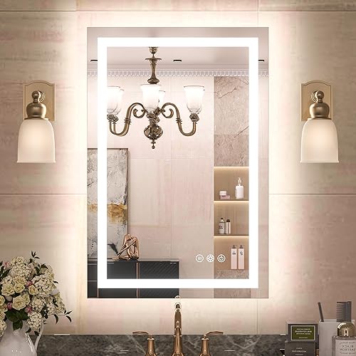 TETOTE Espejo de baño LED con luces delanteras y retroiluminadas de 24 x 36 pulgadas, espejo de tocador antiniebla, sin escalones, regulable, 3