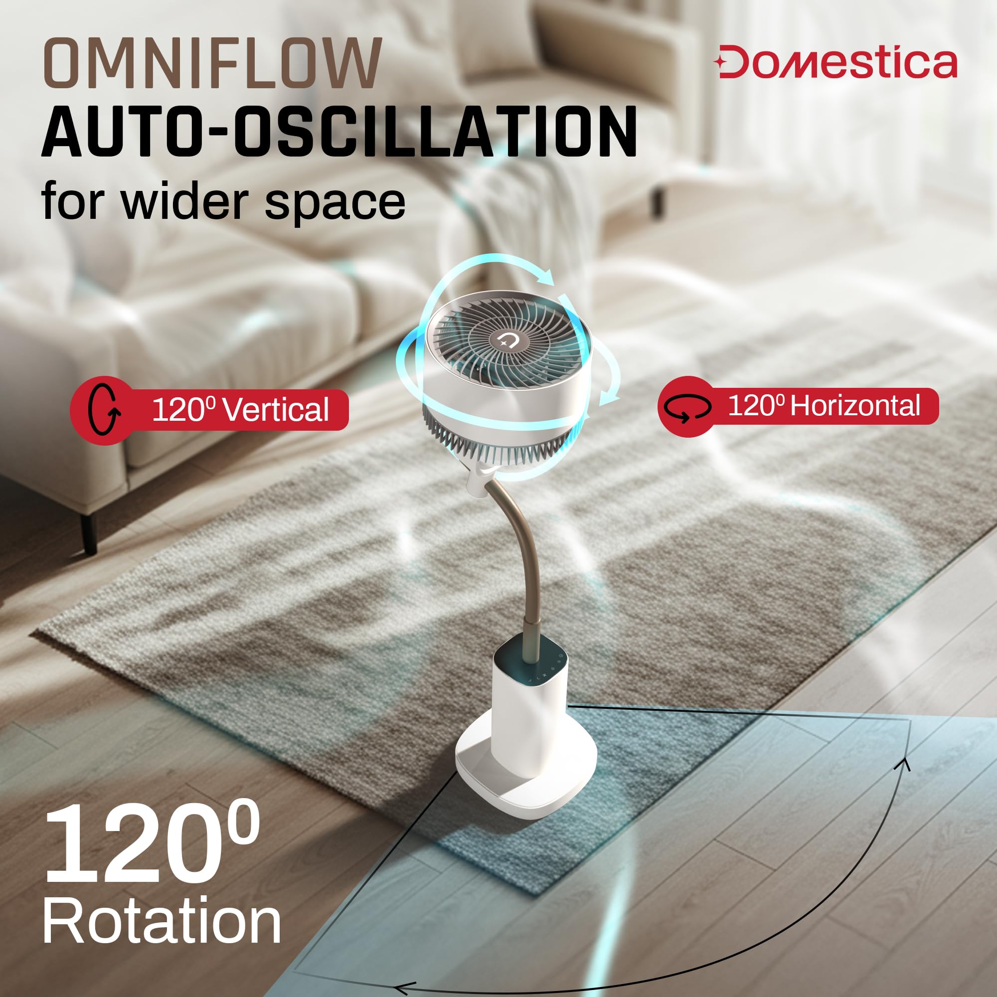 DOMESTICA Breezo 3D Air Circulation Tower Fan For Room With Mood Lamp, Touch & Remote Control | Silent BLDC Standing Fan With Height Adjustable,120˚Horizontal & 90˚Vertical Oscillation (White) 3