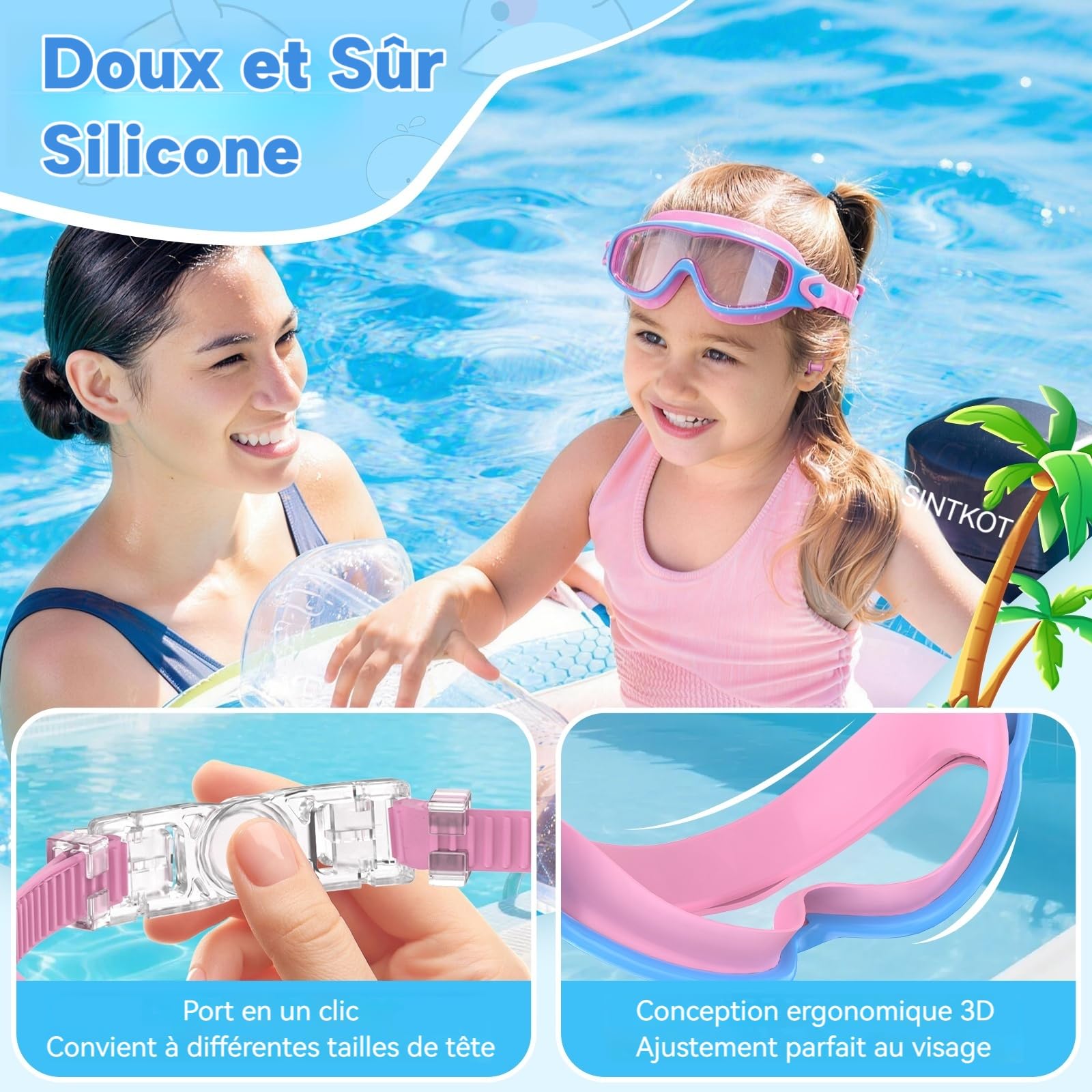Lot de 2 Lunettes de Natation Enfants - Cadeau Garçons et Filles 3-15 Ans | Grand Champ de Vision HD 180°, Anti-Buée & Protection UV, Silicone Doux Réglable, avec Bouchons d’Oreilles & Pinces-Nez