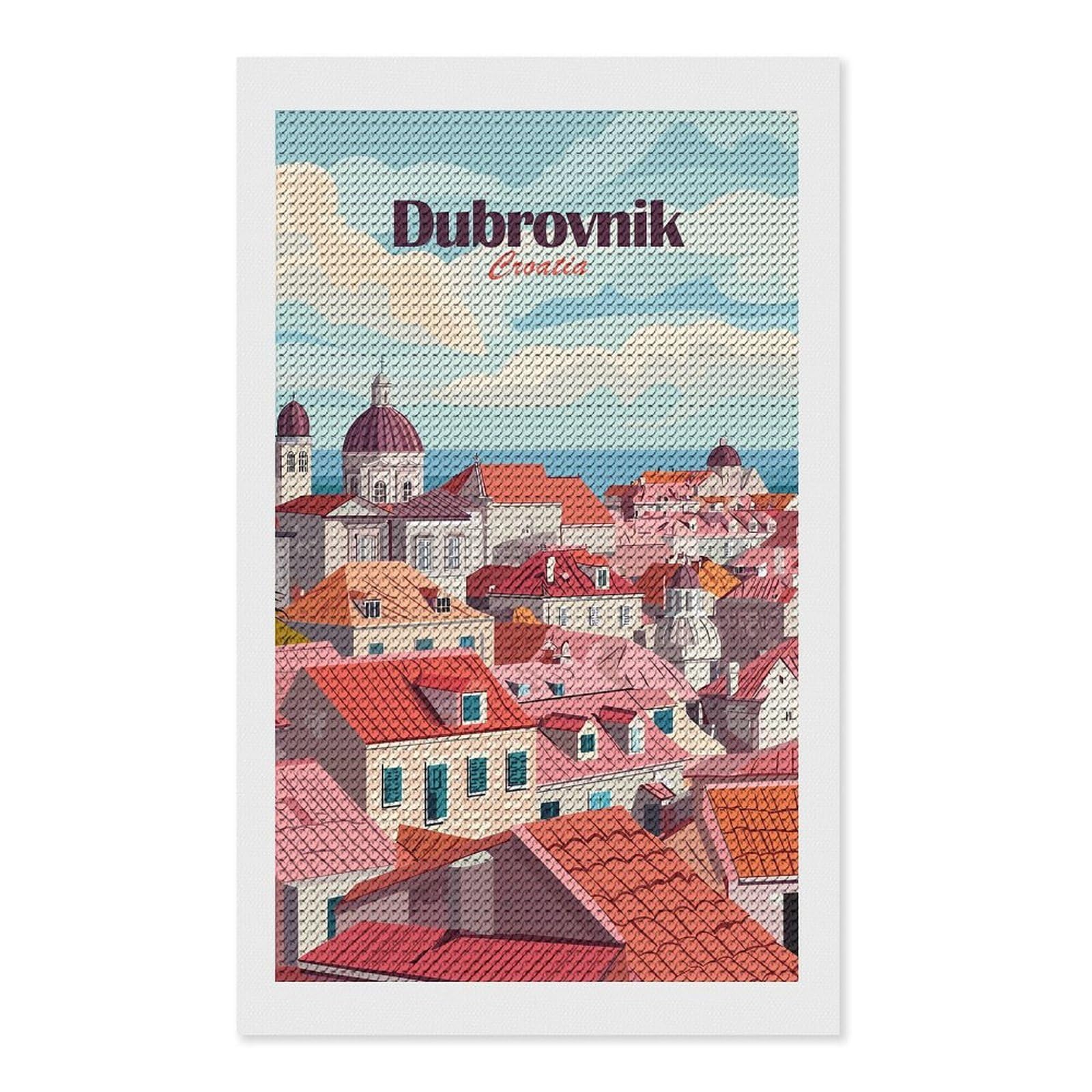 Junmoney Dubrovnik Croatia Cityscape Illustration Diamond Painting Canvas Set 12"x20", for Beginners, Complete Accessories, Christmas Gift, Modern Decor