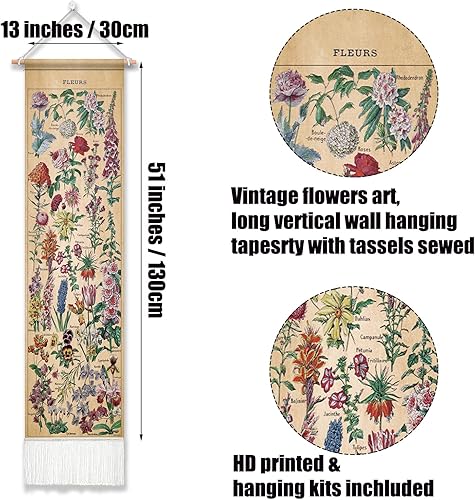 Miniatura 3 de Tapiz de flores vintage de 51 x 13 pulgadas, largo vertical para colgar en la pared, referencia ilustrativa botánica, tapices botánicos para
