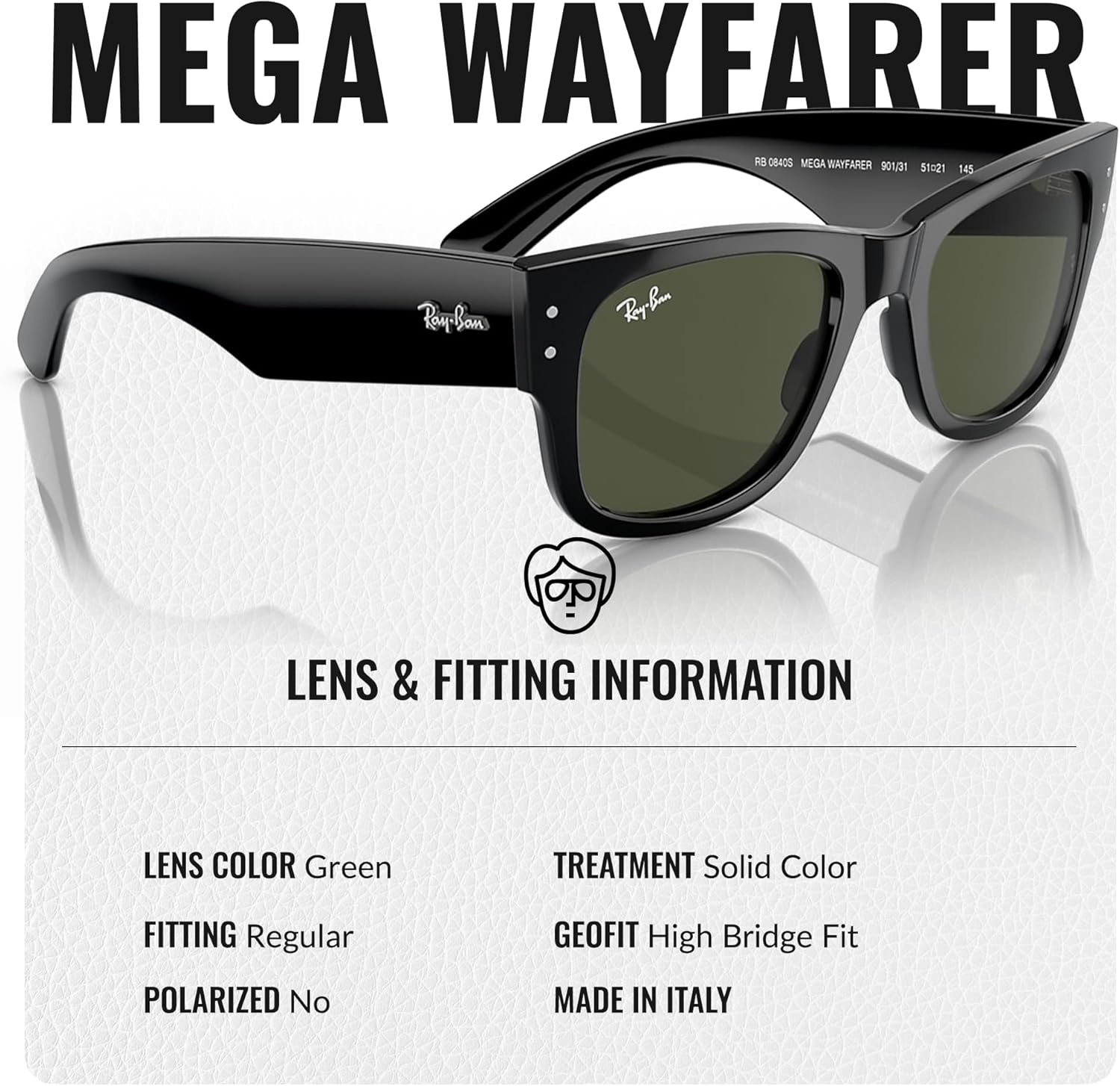 Ray-Ban RB0840S MEGA WAYFARER Square Shaped Sunglasses for Men & Women with Official RAYBAN Eyewear Kit - Image 5