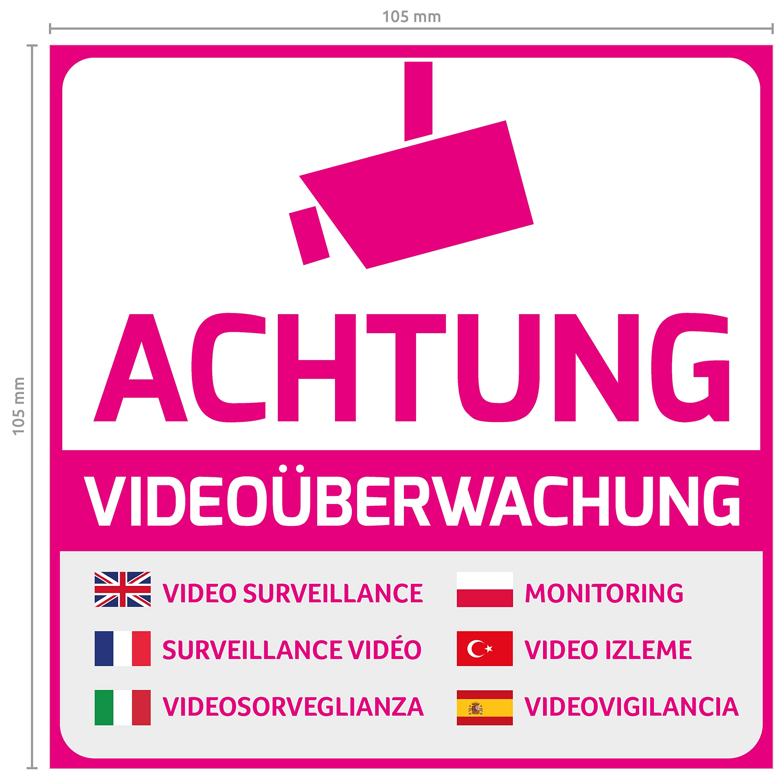 10 Videoüberwachung Aufkleber – Mehrsprachig, 105 X 105 Mm | Pink/magenta | Einfache Anbringung Auf Glatten Oberflächen