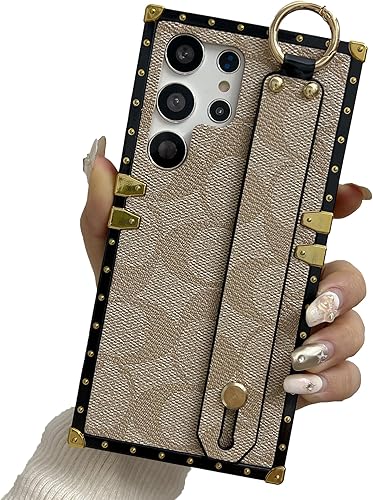 Funda cuadrada de piel de lujo diseñada para Samsung Galaxy S23, ultra linda, con correa para pulsera, protección anticaídas, compatible con Samsung