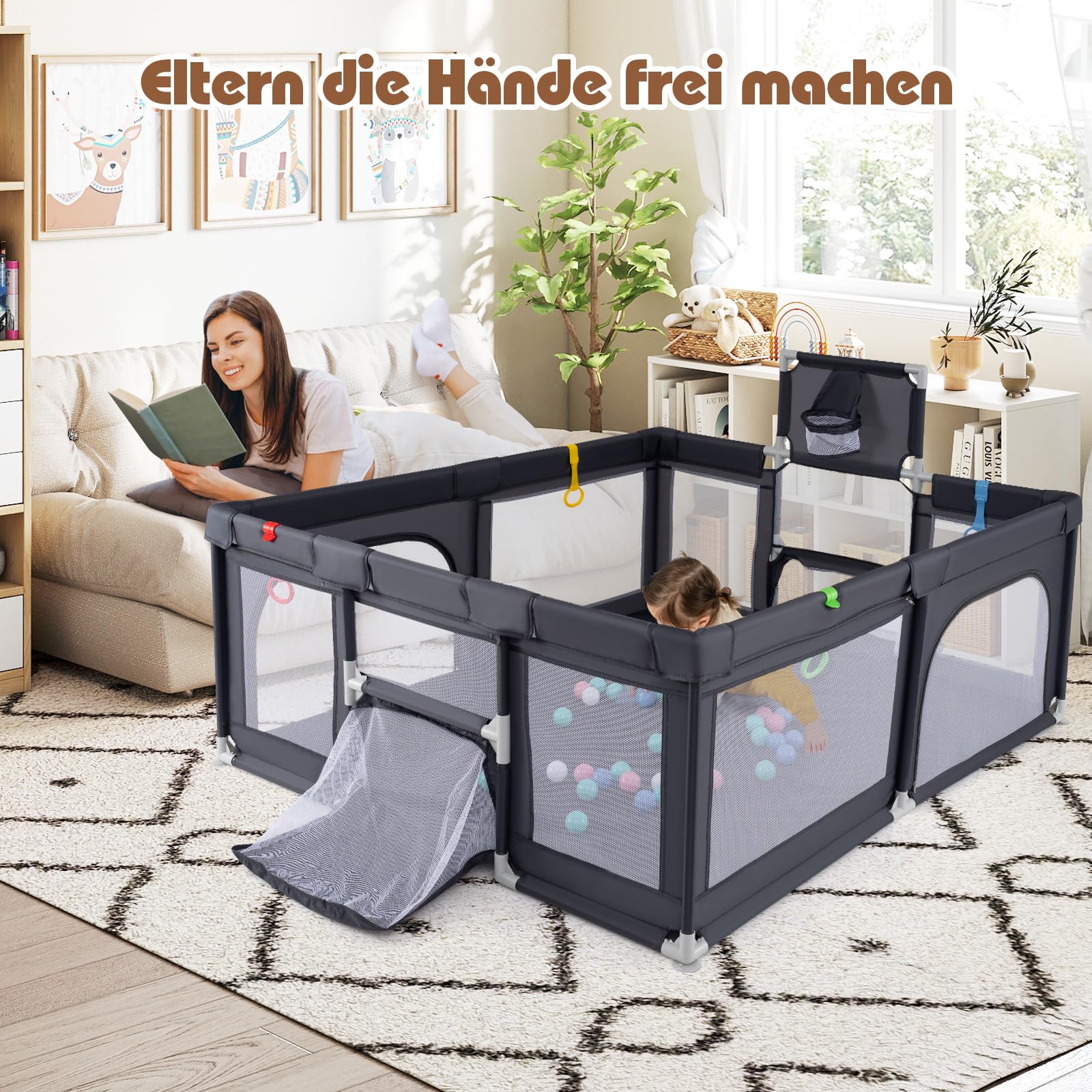 COSTWAY 188 x 157cm Laufstall Baby Faltbar, Laufgitter mit Basketballkorb, Fußballnetzen, 50 Ozeanbällen & Griffen, Krabbelgitter mit atmungsaktivem Netz, Tragetasche (Dunkelgrau)