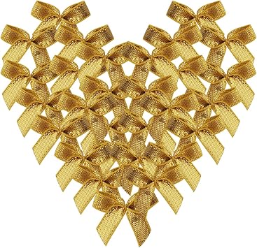 50pcs 1-Inch Mini Ribbon Bows for Crafts Metallic Ribbon Ornaments Mini Christmas Bows Appliques Craft for Sewing,Scrapbook(Gold)