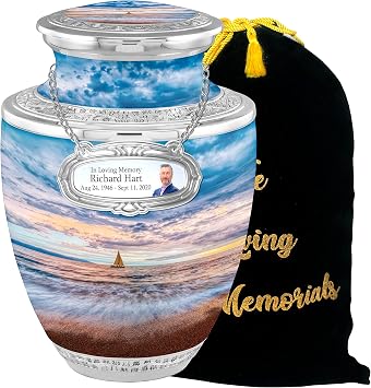 Personalized Medallion Aesthetic Beach Cremation Urns for Adult Ashes Male Female - 200lbs Burial Urns for Human Ashes - Handcrafted Funeral Decorative Urns for Ashes Adult Male with Velvet Bag