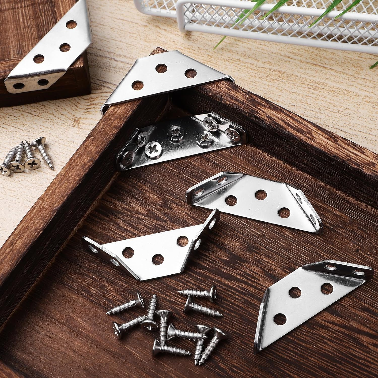 20Pcs Corner Connectors Universal Stainless Steel Corner Brace with Screws, Angle Bracket for Wood Shelf, Cabinets, Tables, Chairs