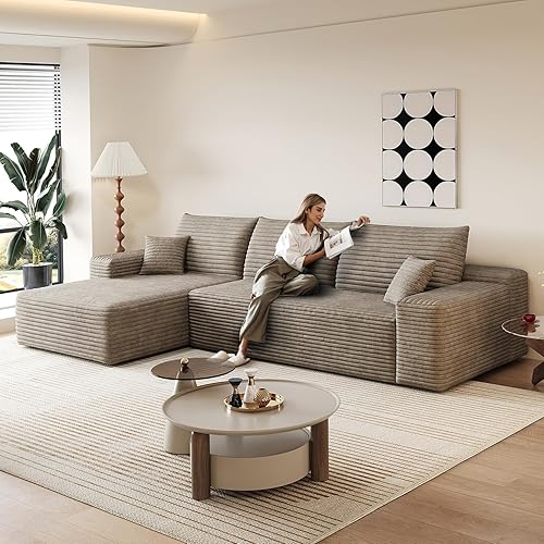 107.5" L-Shaped Sectional Modern Boneless Corduroy Couch with Chaise-No Assembly Required! Deep-Seat, Upholstered Modular Cloud Sofa for Living Room, Plush Corduroy Fabric (Camel,Left Facing Chaise)