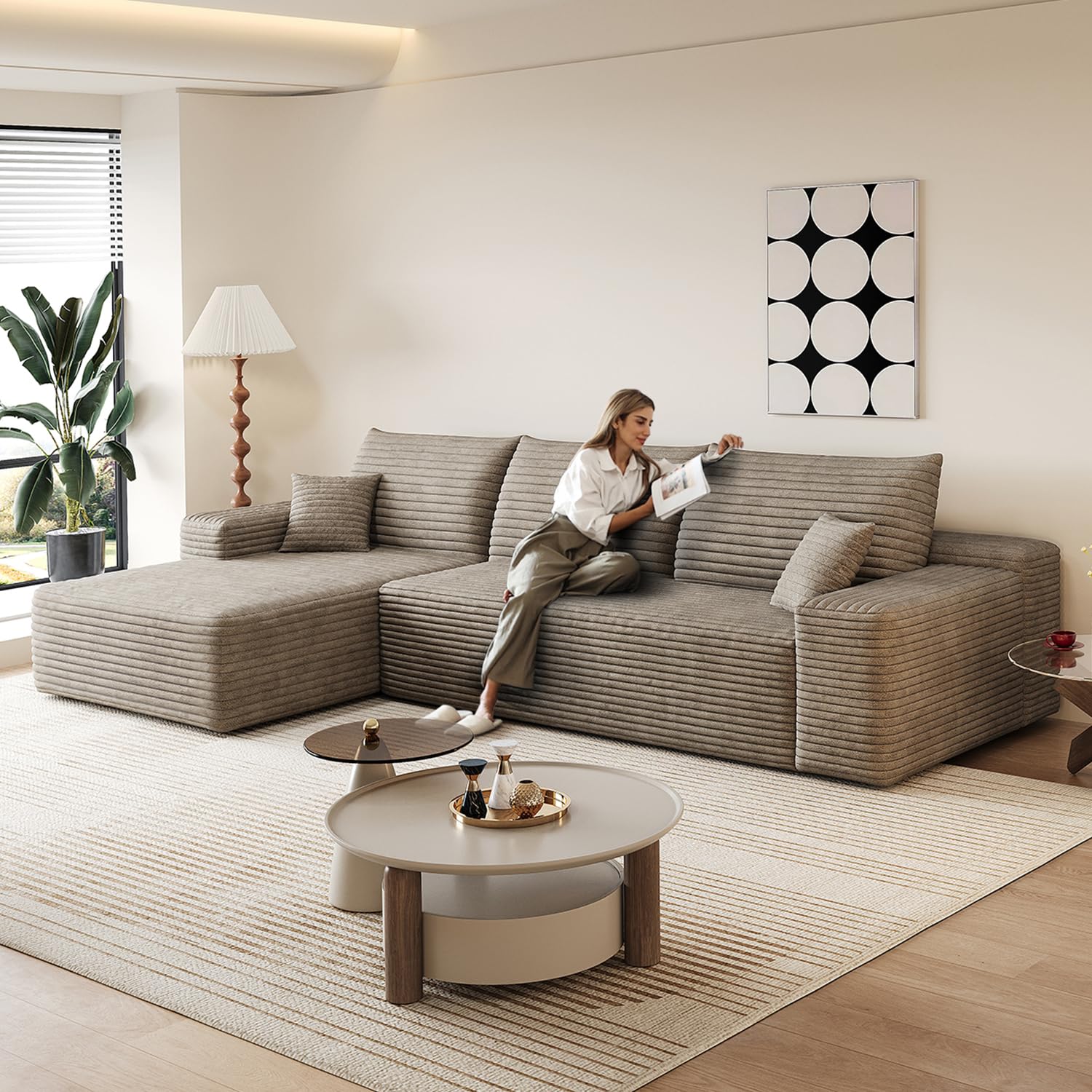 107.5" L-Shaped Sectional Modern Boneless Corduroy Couch with Chaise-No Assembly Required! Deep-Seat, Upholstered Modular Cloud Sofa for Living Room,