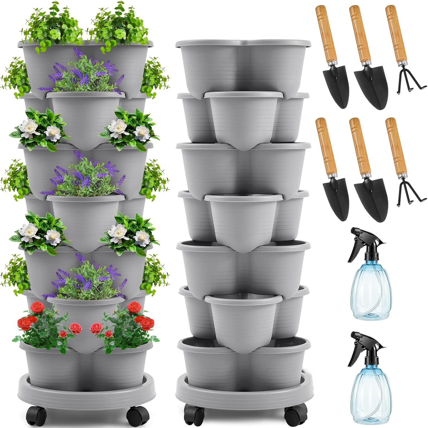 Umigy 2 Set of 7 Tier Stackable Vertical Planters with Removable Wheels and Tools Tower Planters Strawberry Herb Flower Vegetable Pots Indoor Outdoor Gardening Pots(Light Gray)