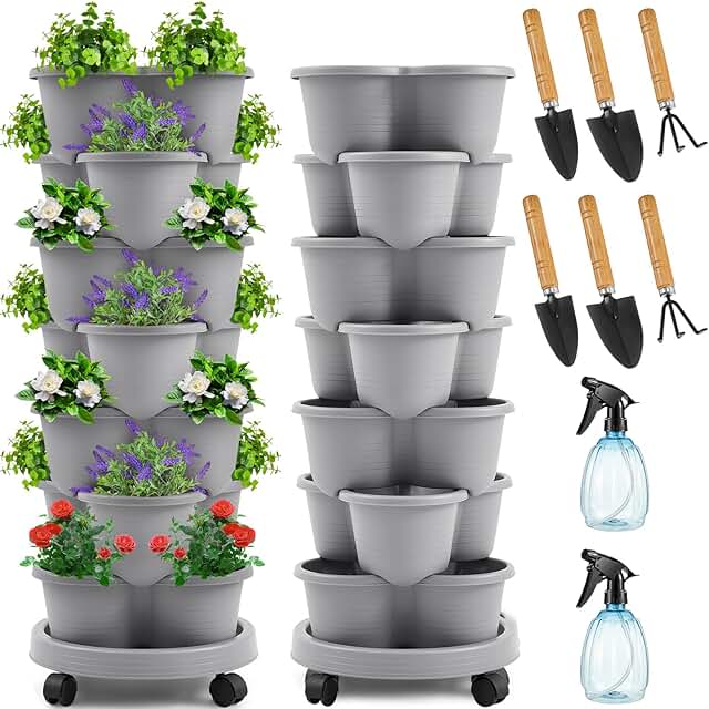 Umigy 2 Set Light Gray 7 Tier Stackable Vertical Planters with Removable...