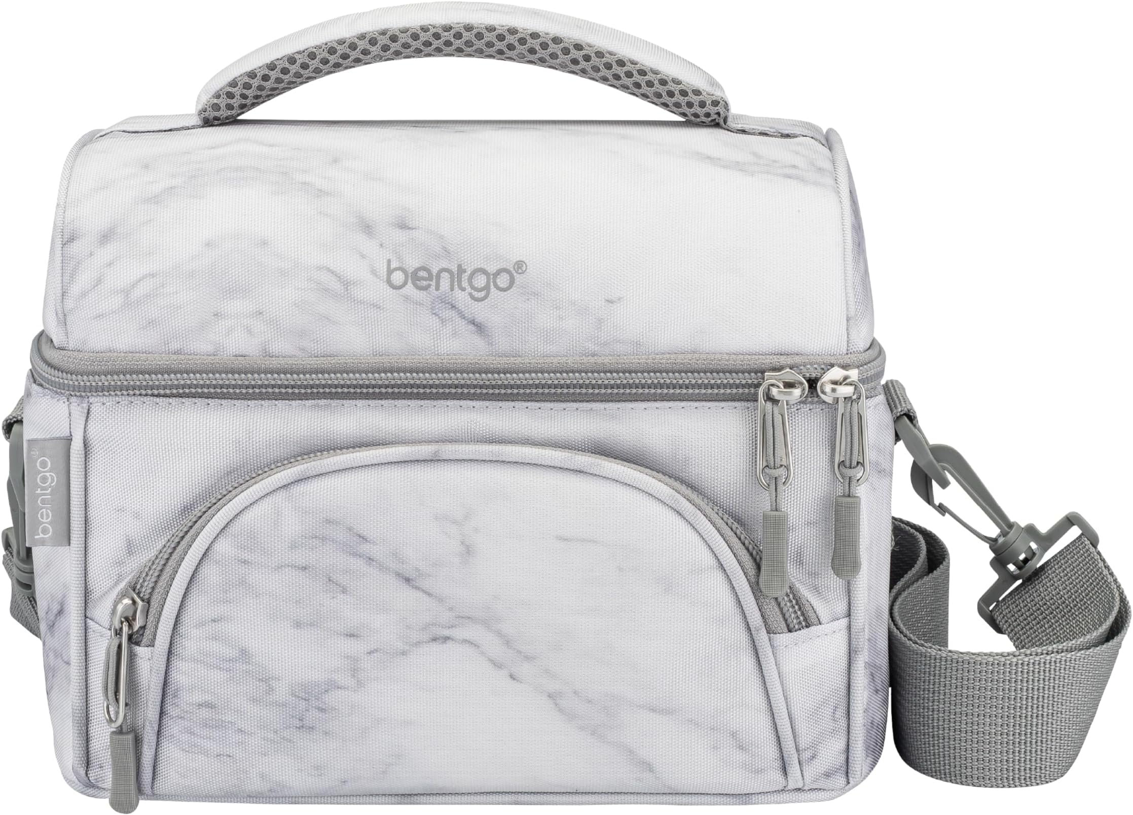 Bentgo® Deluxe Lunch Bag - Durable and Insulated Lunch Tote with Zippered Outer Pocket, Internal Mesh Pocket, Padded & Adjustable Straps, & 2-Way Zippers - Fits Most Lunch Boxes (White Marble)