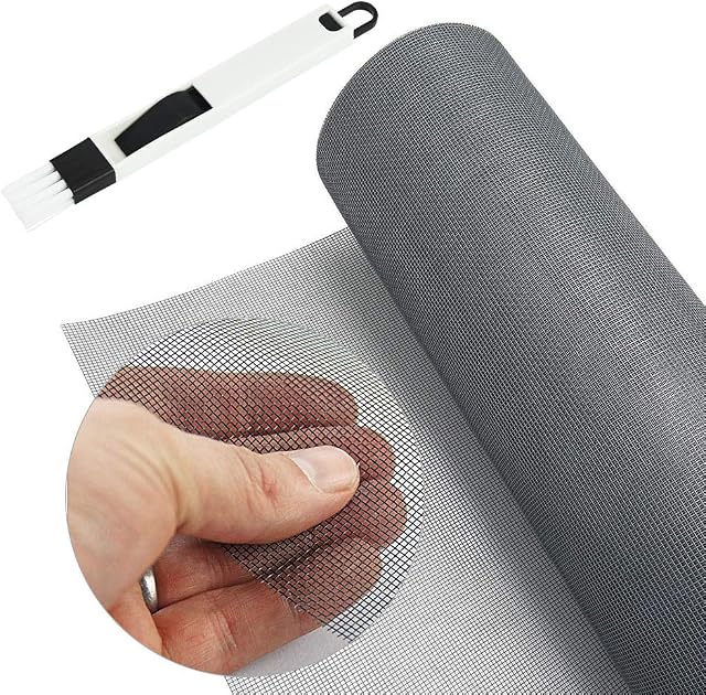 BUZIFU Window Screen Mesh 1.2 x 2.5 m Fiberglass Screen Fly Screen Wire Mesh Insect Mesh Replacement Cuttable Mosquito Net Pet Screen with Cleaning Brush for Windows Doors Patio, Cat-Proof, Grey