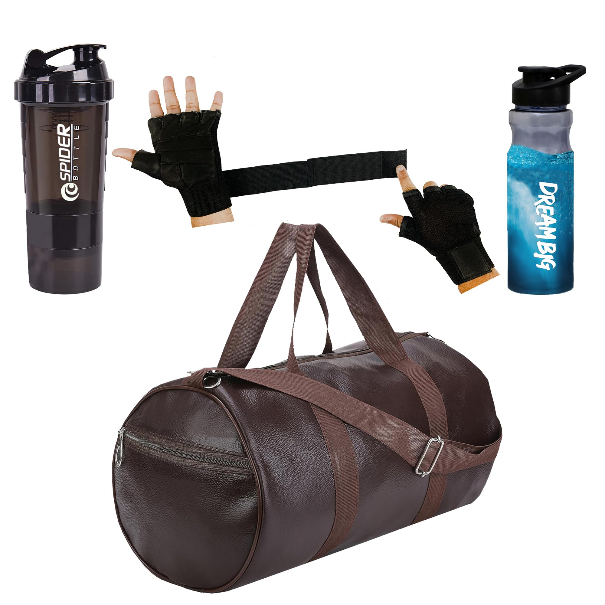 Gym Duffel Bag Combo Set with Water Bottle & Hand Gloves for Men 's & Women for Daily Exercise |Gym Bags for Men Combo | Bags for Men | Gym Shaker Bag Combo| Gym Bag Shaker with Gloves (Brown+ Black)-image-15