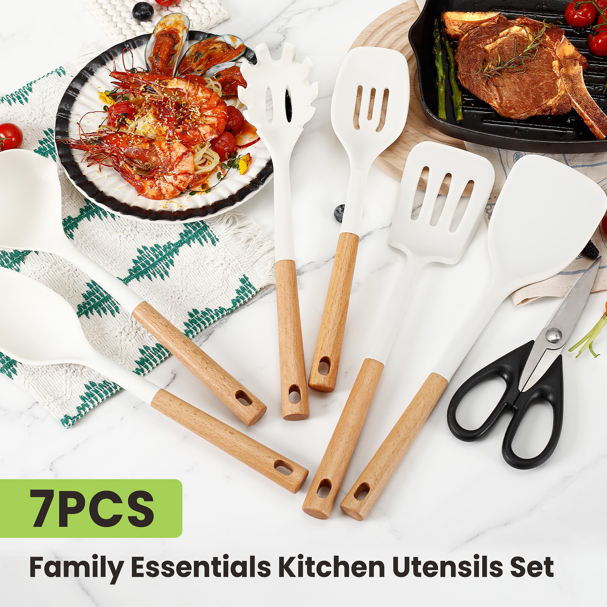 Großes Silikon-Kochutensilien-Set, 7-teilig, hitzebeständig, antihaftbeschichtet, lebensmittelechtes Silikon, Holzgriffe, Küchenutensilien, BPA-frei, zum Kochen, solider Löffel, Spatel, Suppenkelle