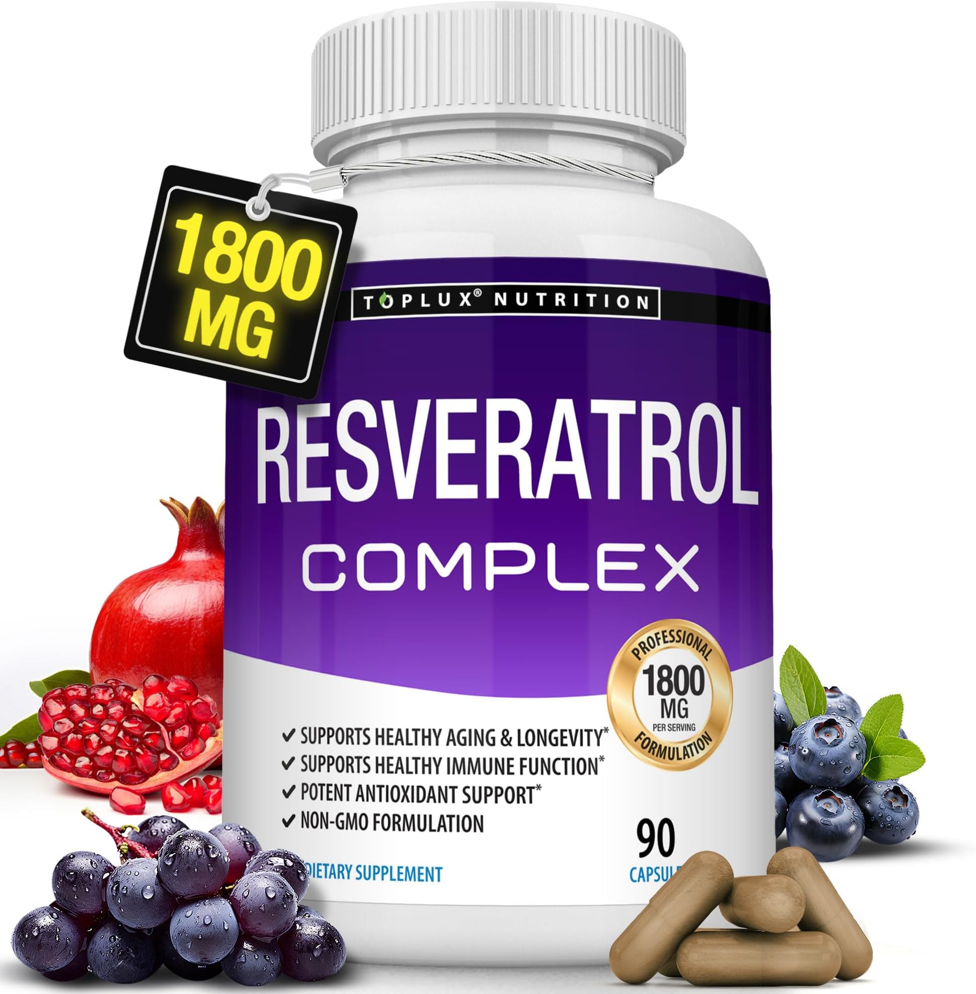 Resveratrol Supplement, Antioxidant Complex 1800mg - Highly Potent Natural Trans-Resveratrol Pills for Healthy Aging, Support Overall Health, Immune System