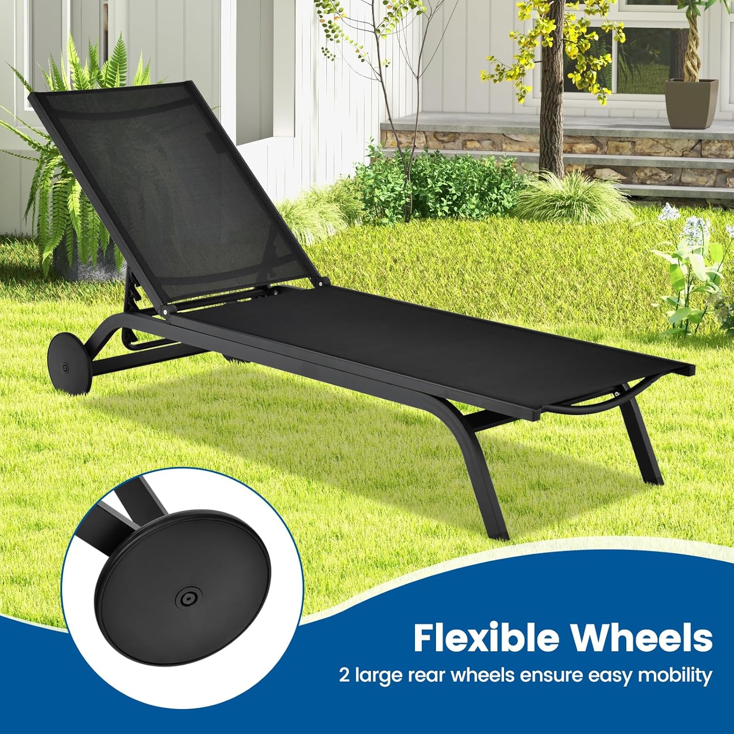 COSTWAY Outdoor Patio Chaise Lounge, 6-Position Adjustable Pool Lounger with Stable Aluminum Frame, Portable Sun Bathing Lounge Chair on Wheels for Backyard Garden, Black