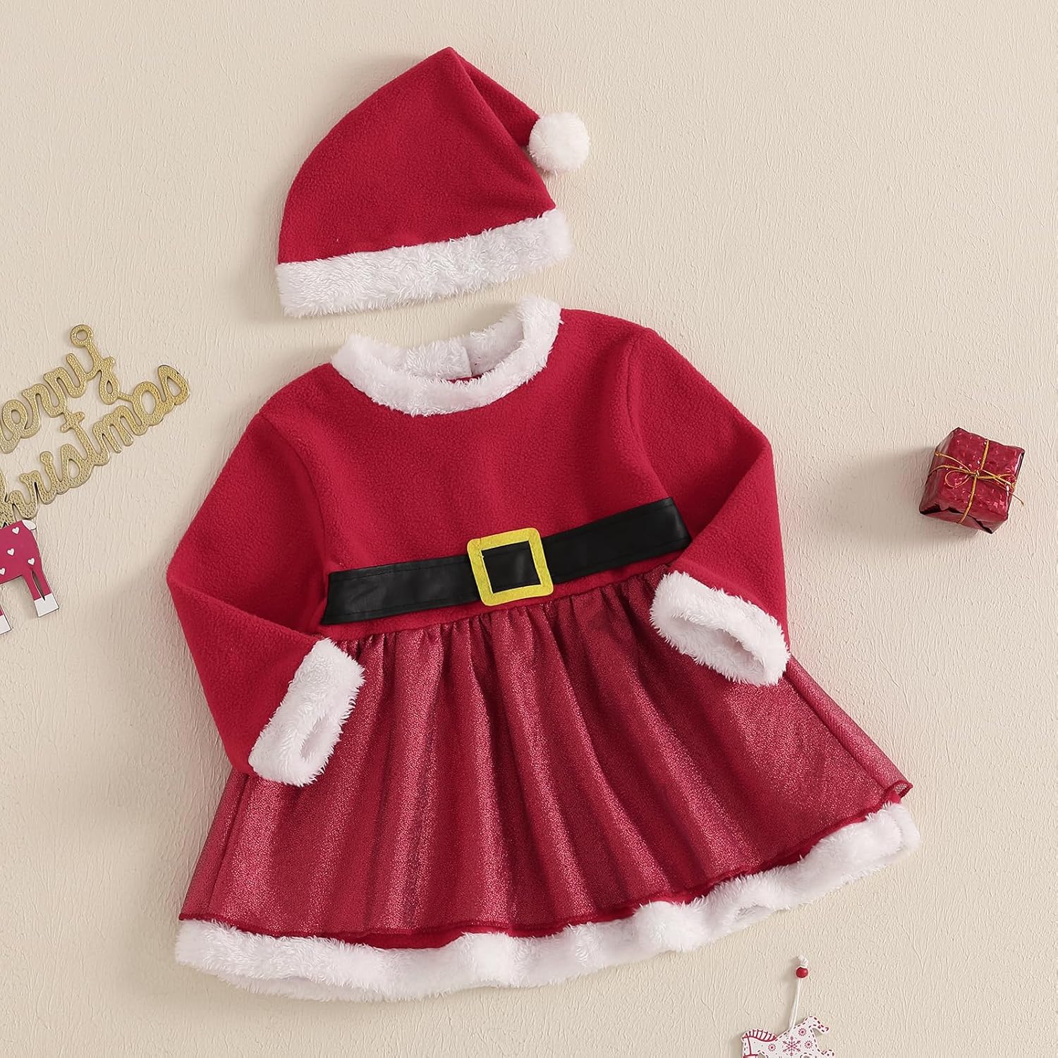 Baby Girls Cute Long Sleeve Plush Collar Dresses with Santa Hat Newborn Infant Christmas Outfit - Image 3