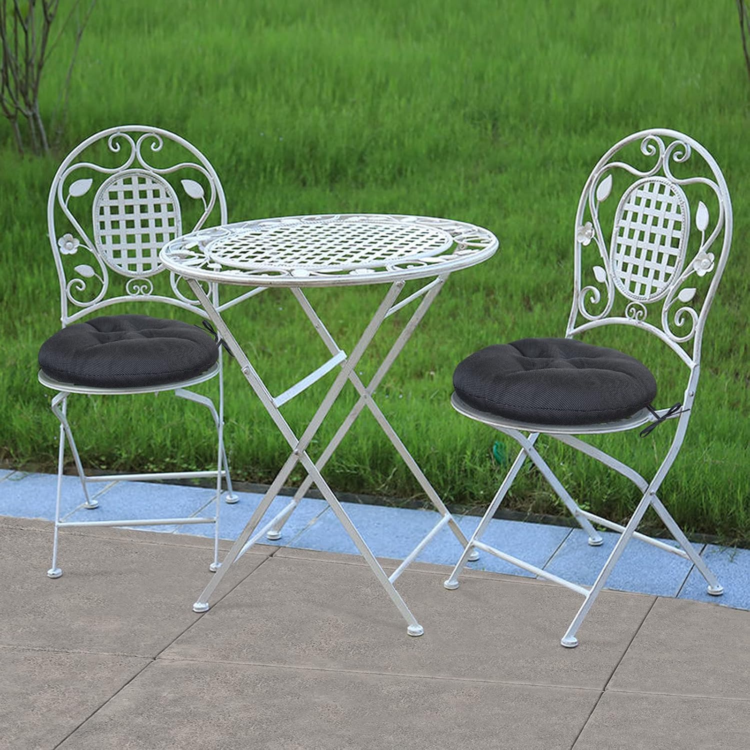Outdoor Round Bistro Chair Cushions, 18 inch Circular Seat Cushions with Ties for Dining Chairs, Set of 2, Black