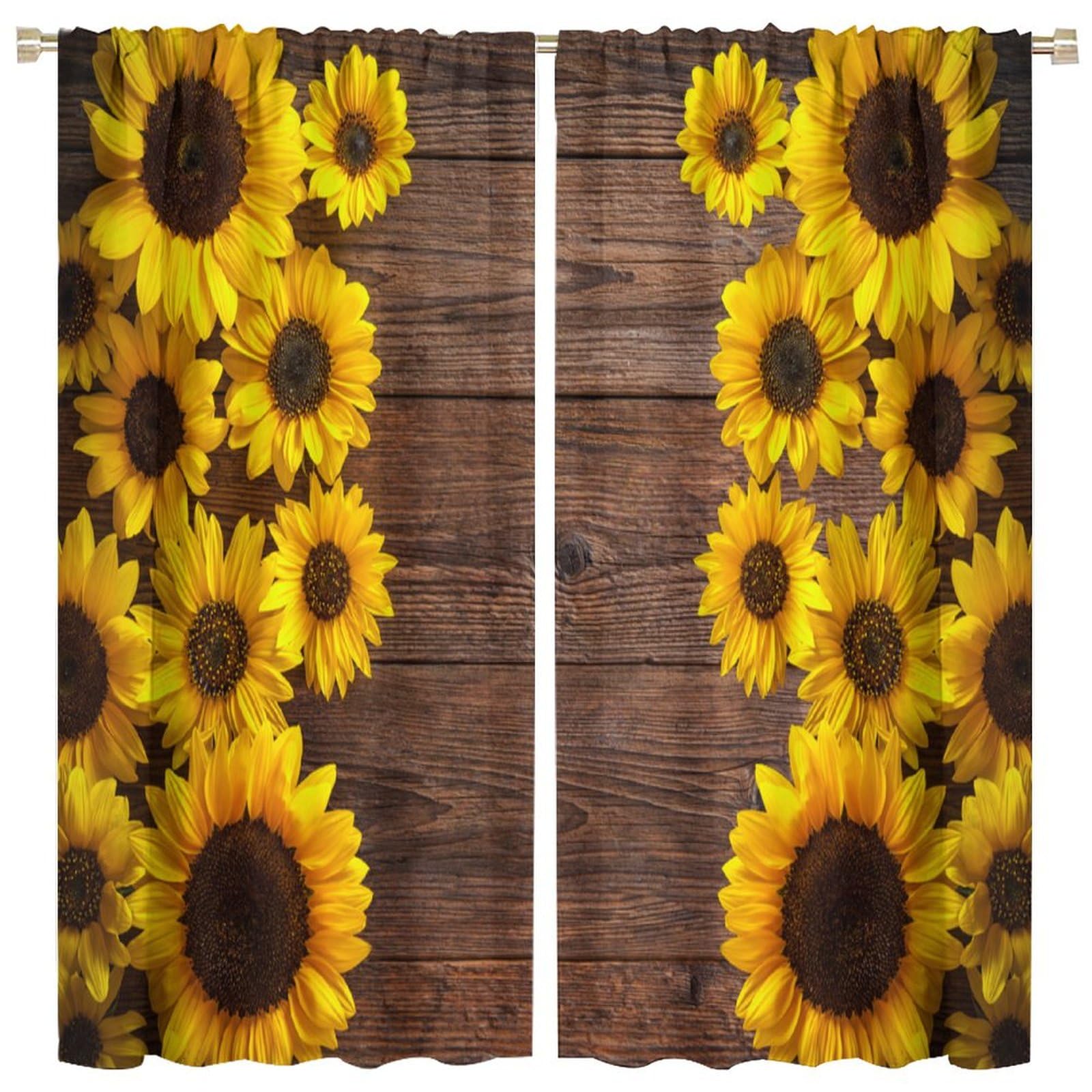 BenYaSong Rustic Sunflower Kitchen Curtains, Farmhouse Yellow Floral Vintage Boho Flower for Home Kitchen Livingroom Coffee Room Window Curtain Drapes 2 Panels 63x63in