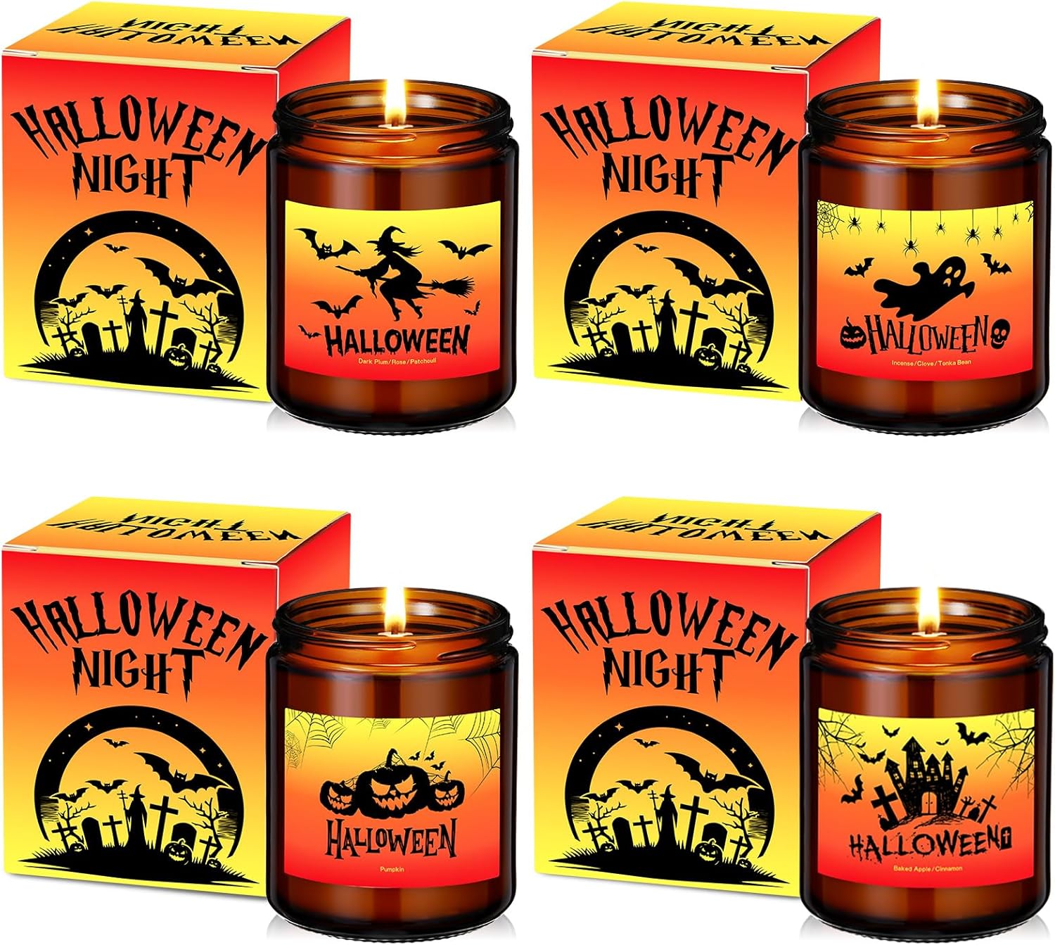 4 Pack Halloween Pumpkin Scented Candles Bulk 7 oz Soy Wax Fall Home Spooky Jar Candles Set with Gift Box 4 Long-Lasting Scents Gift for Halloween Night Party Favors Autumn Indoor Decoration