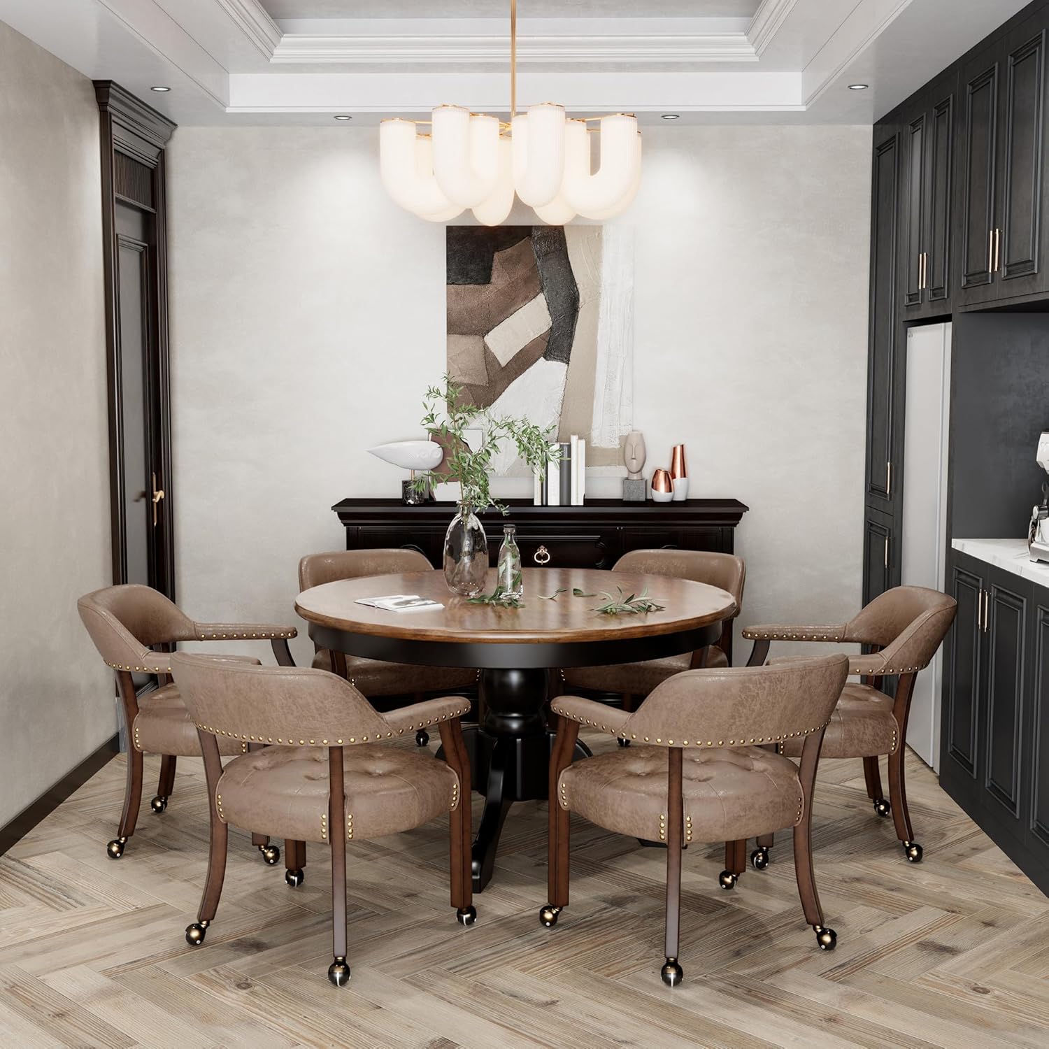 LEEMTORIG Set of 2 Dining Chairs with Casters and Arms, Rolling Dining Chairs with Wheels for Elderly, Ergonomic Wide Seat Wood Office Chair, 26" Dx25.2 W, Cherry Legs&Yellow Brown Fabric SY-1533-LT