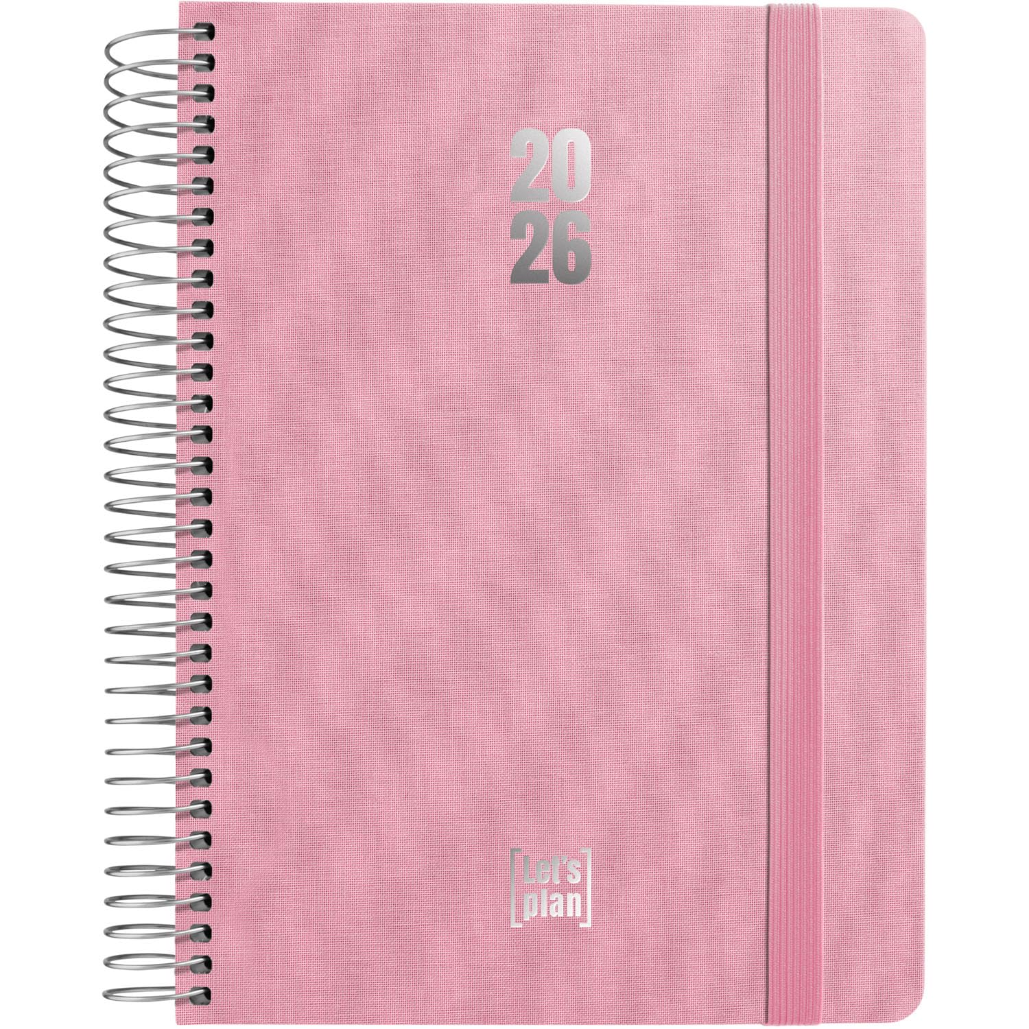 Grafoplas - Diary 2026 Day by Page, Fancy Pink, Size 15 x 21 cm, Spanish, Spiral, Hardcover Lined Fabric, Vertical Rubber Closure, Rounded Corners, Includes Stickers, FSC Certified