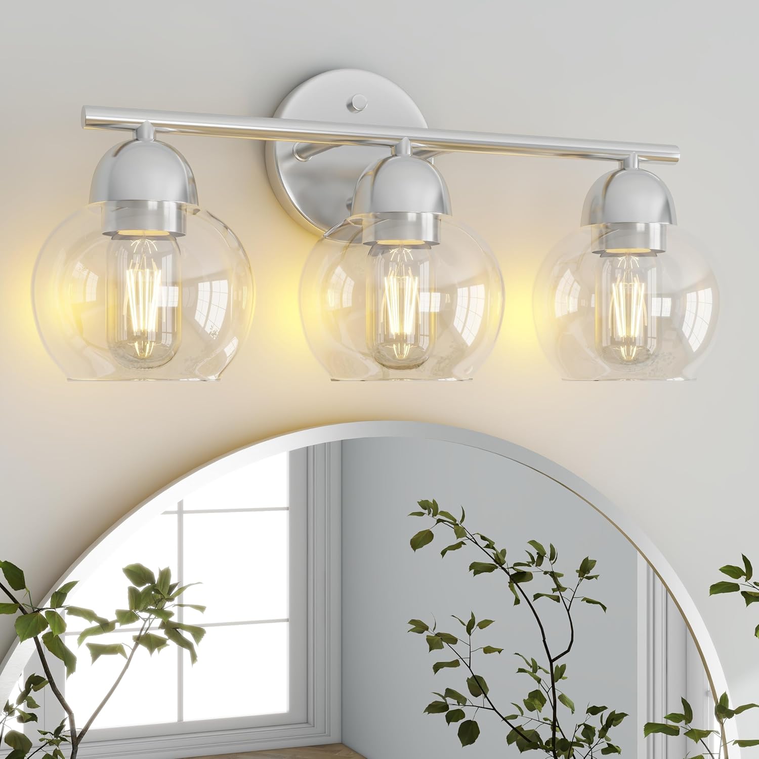 Pia Ricco Bathroom Vanity Light Fixtures, 3-Light Brushed Nickel Vanity Lighting Fixtures with Globe Glass Shade Metal Base, Modern Bathroom Lights Over Mirror, Vanity Lights for Living Room, Kitchen