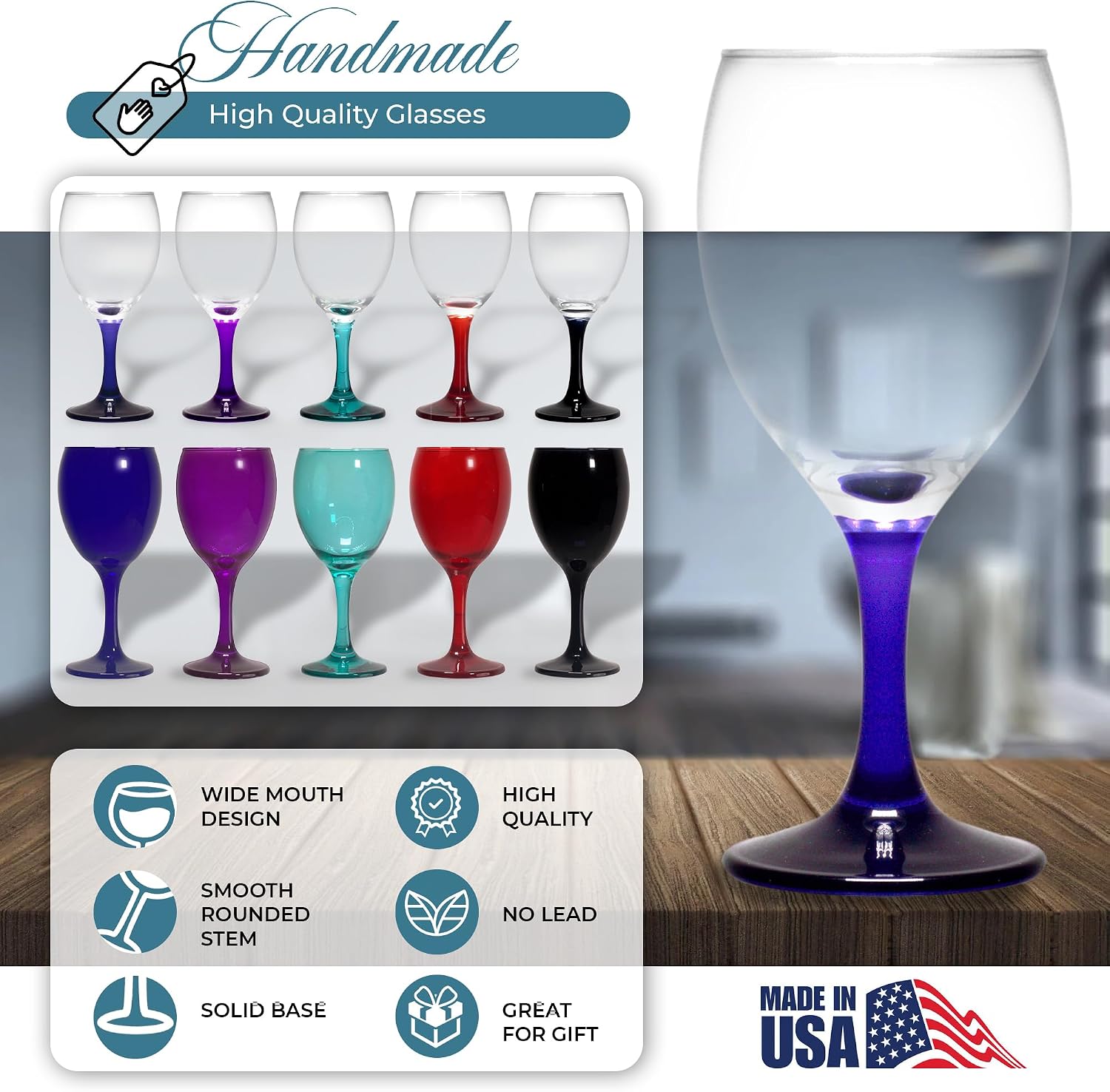 ‌TableTop King Colored Wine Glasses Set of 6 - Colorful Stem Wine Glasses 10 Oz - Blue Nuance Accent Cute Wine Glass Set - Sturdy Drinking Glasses - Multiple Vibrant Colors - Modern Glassware Set