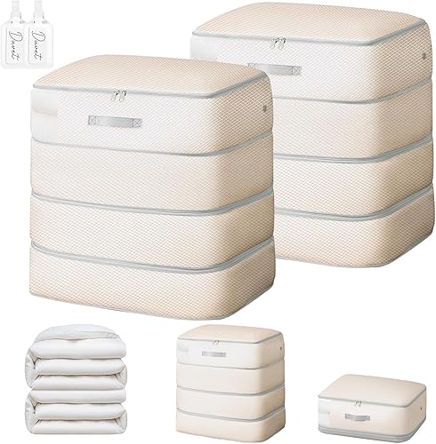 Easortm Comforter Storage Bag - 130L Large Capacity Blanket Storage Bags 4-Layer Ultra Space Saving Self Compression Organizer, Washable Compression Bags for Storage Comforter Blanket, 2-Pack, Beige
