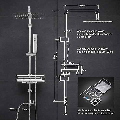 Görbach Colonna Doccia Acciaio Inox senza Miscelatore, Colonna Doccia idromassaggio con Asta Doccia Regolabili e Mensola, Set Doccia a Pioggia con Soffione 30×30 cm Cromo - 6