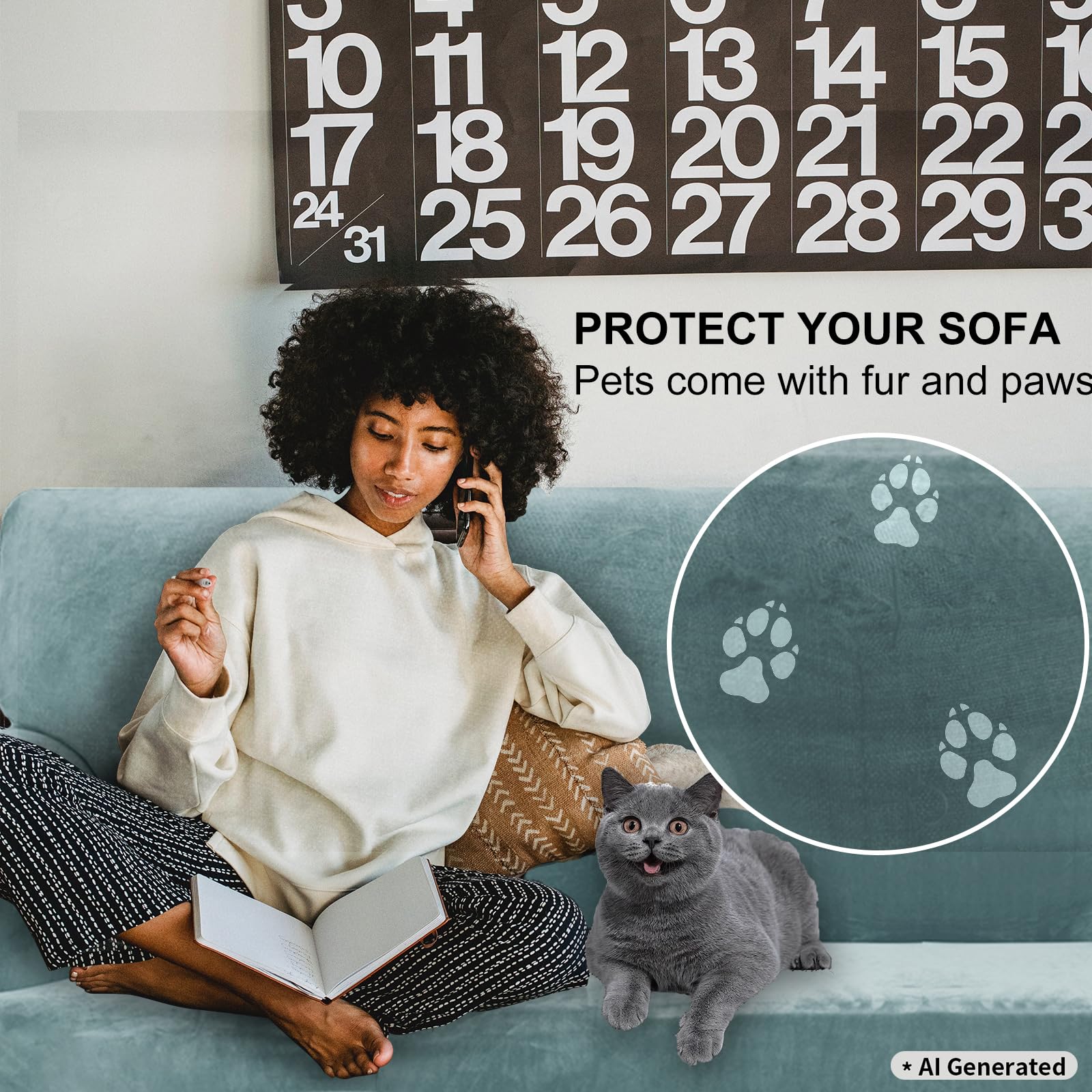 Ystyle Elastischer Samt Sofabezug 3 Sitzer, Grau Blau | Stretch Sofa Überzug, Sofaschoner Rutschfest, Couch Überzug, Sofa Cover mit Armlehnen, Sesselschoner Sofaschutz Katze