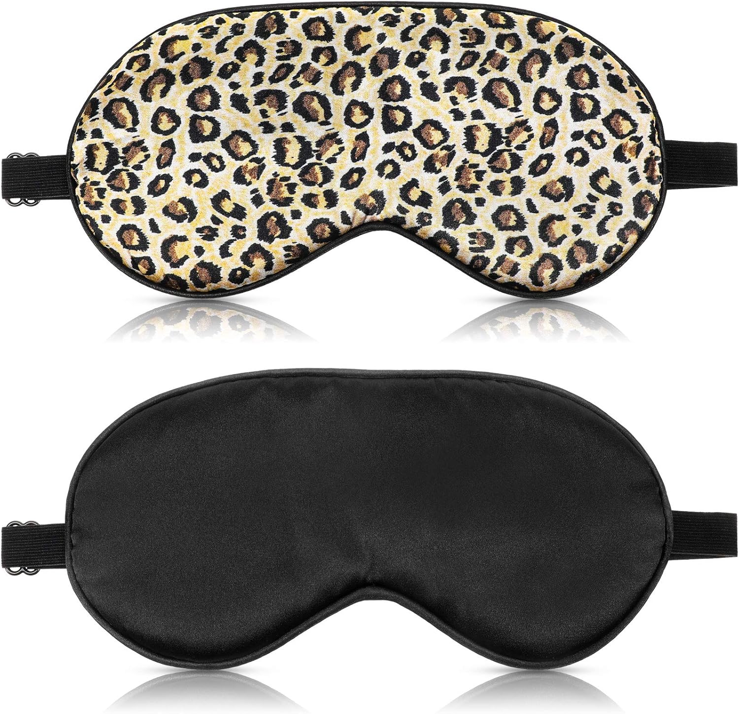 2 Pieces Silk Sleeping Mask with Adjustable Strap-Silk Eye Mask Soft Eye Cover Blindfold Eyeshade with Leopard Print, for Blocking Out Lights Sweet Sleep Travel Relax, Nap, Meditation (Black)