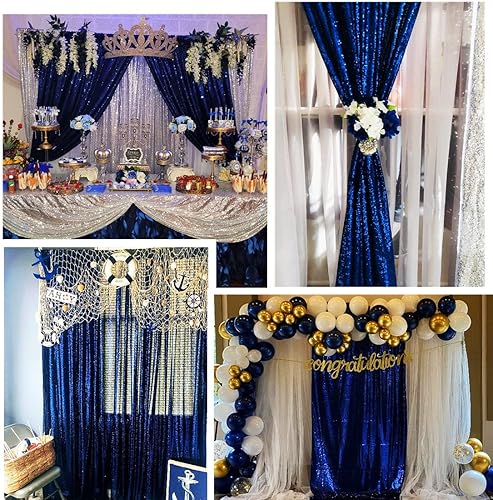 Miniatura 4 de Poise3EHome 2 cortinas de fondo de lentejuelas azul marino de 2 x 8 pies, fondo de fotografía con purpurina azul marino para el día de la