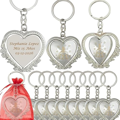 12 piezas personalizado Quinceañera Party Favores Recuerdos Para Quinceañera Llavero Corazón Dulce 16 Quinceañera (Rojo)