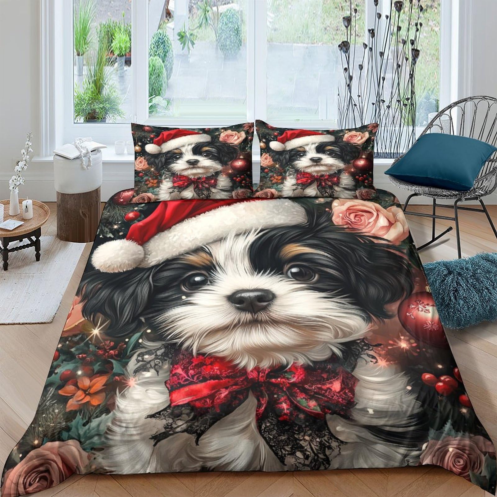 Ctjqhvkz Style-1 3D Printed Christmas Puppy Fitted Sheet Microfiber Soft Red Bow Santa Hat Mattress Cover For Bedroom Guest Room Decor Single（135X200cm）