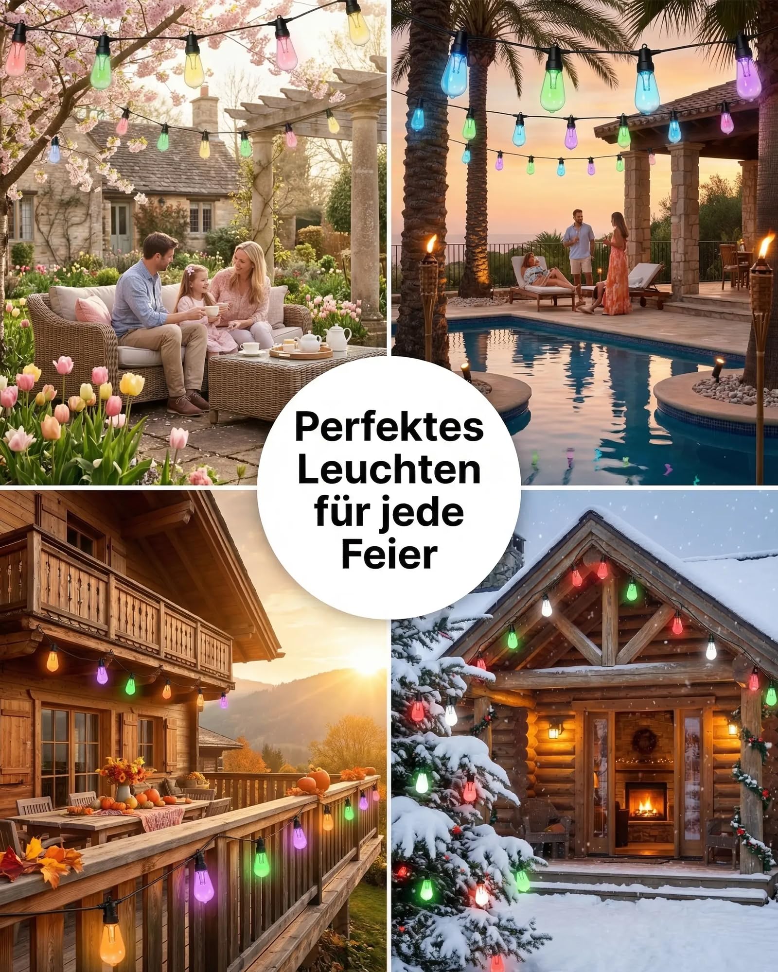 RGBW Lichterkette Außen 15M mit 20 LED Lampen,Smart Gartenbeleuchtung mit App & Fernbedienung,Musik Synchronisation,Dimmbar,Timer,IP65 Wasserdicht,Farbwechsel für Balkon,Terrasse & Pergola