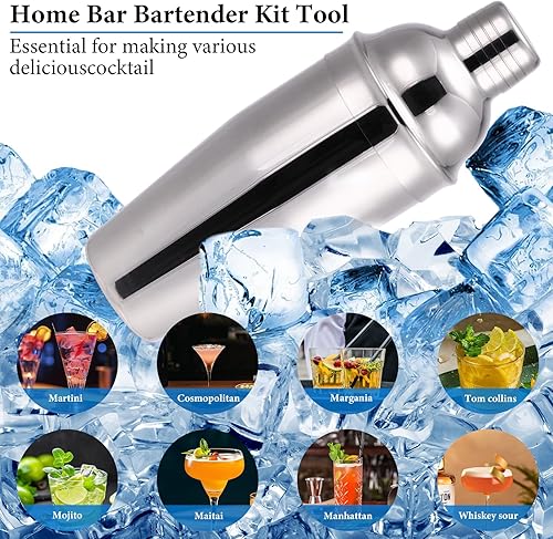 Miniatura 5 de Juego de coctelera, kit de camarero de 19 piezas, plateado, juego de herramientas de barra con coctelera, cuchara mezcladora, taza medidora,