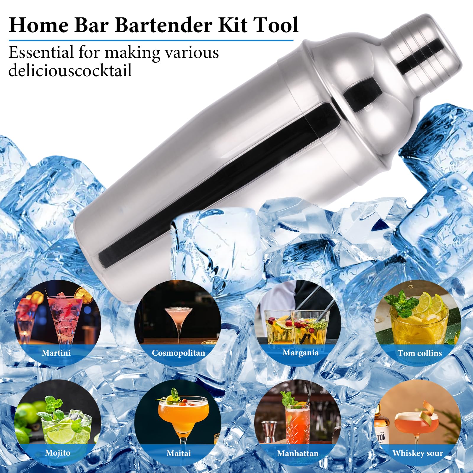 Set di shaker per cocktail, 19 pezzi, kit da barista, argento, set di strumenti da bar con shaker per cocktail, cucchiaio miscelatore, misurino, colino, pestello, cavatappi, pinze