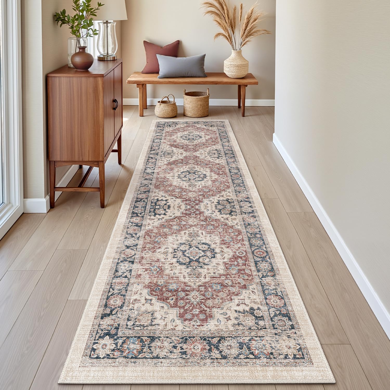 DEXI Hallway Runner Rug 60 x 210 cm, Non-Slip Long Washable Entryway Floor Mats, Absorbent Thin Vintage Carpet Runners for Kitchen, Laundry, Bedside, Beige