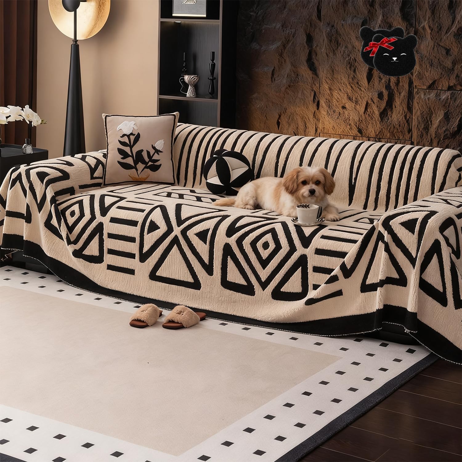 Leitmall Soft Plush Non-Slip Couch Cover, Thicked Comfortable Striped Sofa Covers Washable, Large Fluffy Plush Pet Couch Covers for Sofa for 1-4 Home Cushion Couch, Pet Friendly (Beige,71 * 59in)