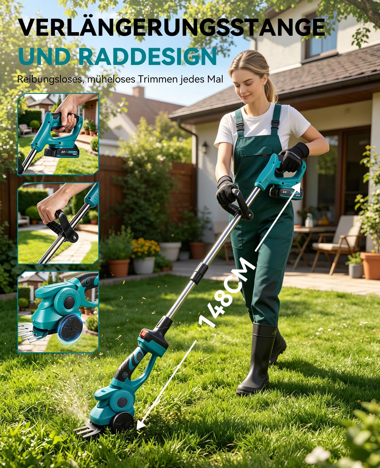 Yofidra 3-in-1 Rasenschere & Heckenschere Akku mit stiel, 2 2000mAh Akkus | Akku Grasschere mit stiel, Rädern, 13cm/22 cm SK5-Klinge, Rasenkanten trimmen, Sträucher schneiden, für klein. Garten
