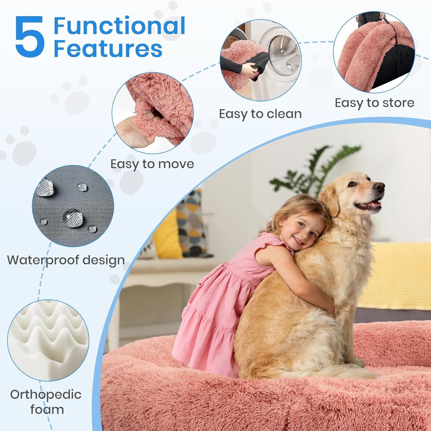 Human Dog Bed Fits You and Pets, Washable 10 CM Thick Memory Foam Dog Bed with Plump Pillow, Blanket, Strap 71"x45"x12",Pink