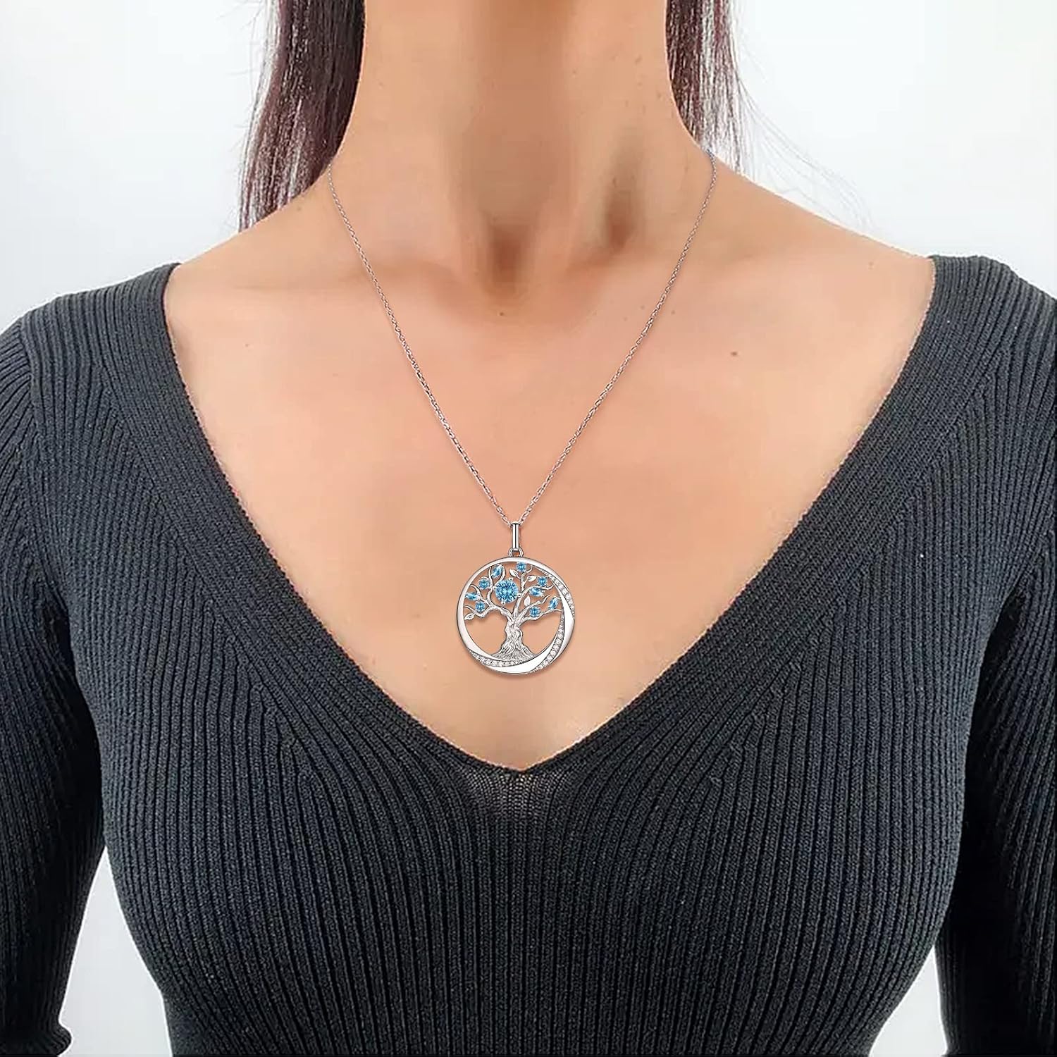 JD & P Sterling Silver Tree of Life Necklace for Women, Cubic Zirconia Birthstone Necklace, Gift Ideal for Her Wife Girlfriend Mom - Image 3