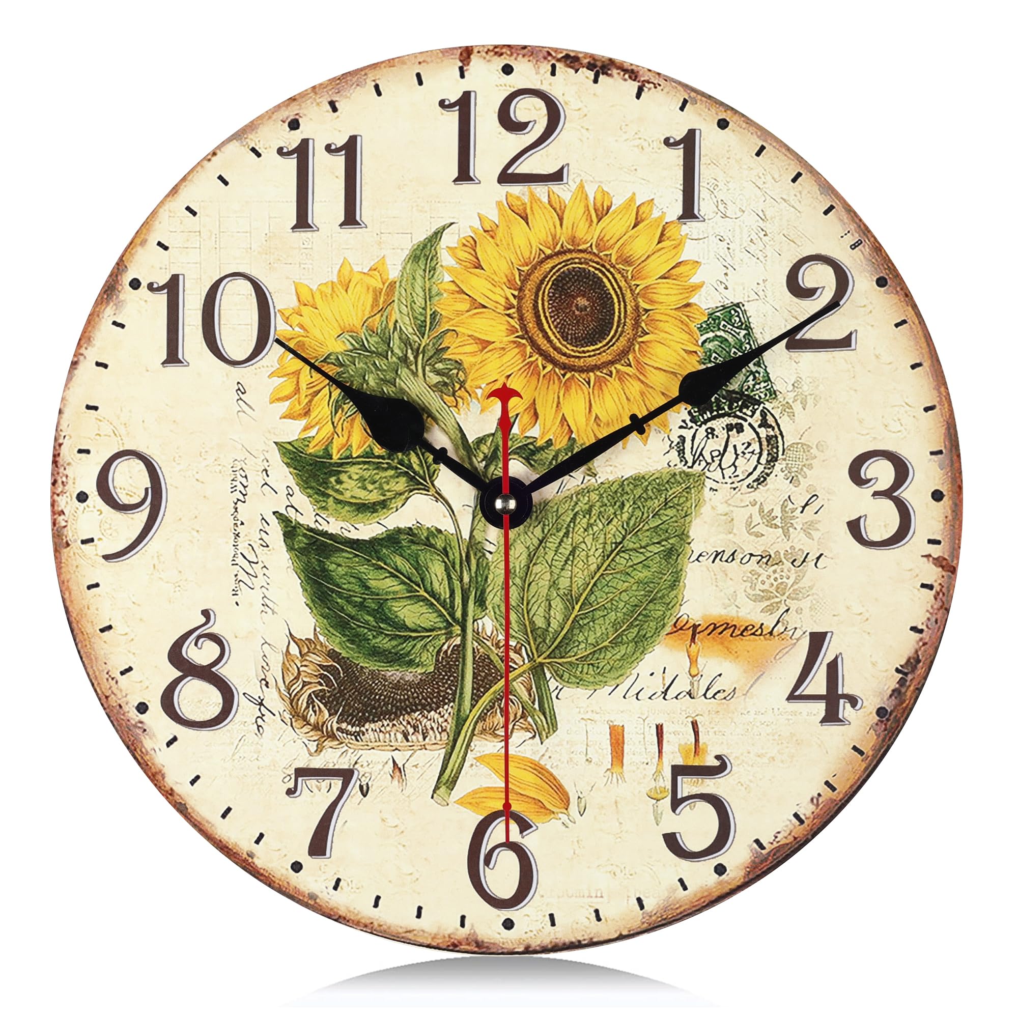 Lafocuse 30cm Orologio da Parete Girasole Silenzioso Vintage, Rustico Floreale Orologio Legno Shabby Chic, Retro Deco Senza Ticchettio per Soggiorno Camera da Letto Cucina Ufficio