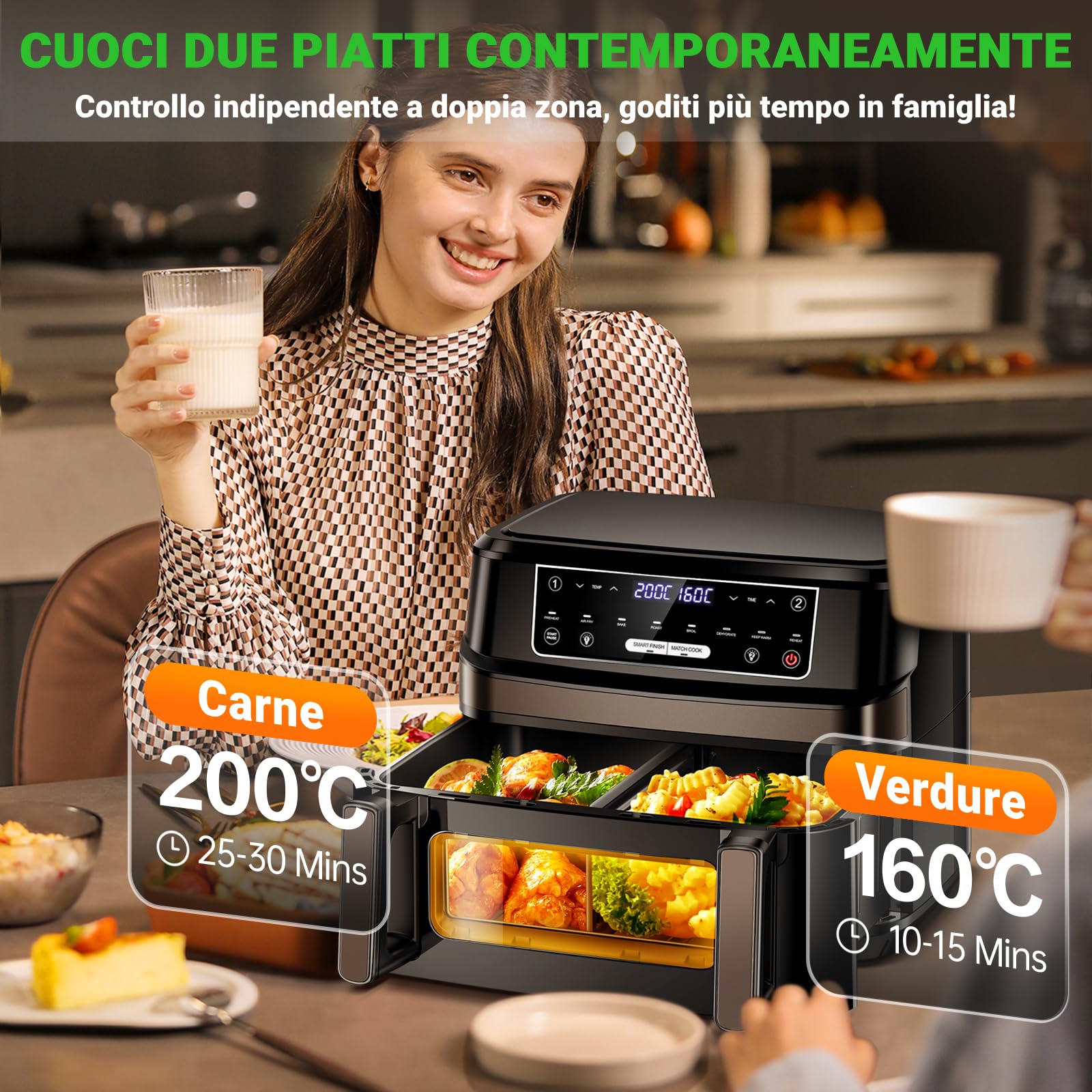 Friggitrice ad Aria Calda 2 Camere | Friggitrice ad Aria da 12L Camera Doppia Camera Singola Regolabile, 2600W Friggitrice ad Aria Calda 8 in 1 con Doppia Camera Controllo Separato Della Temperatura