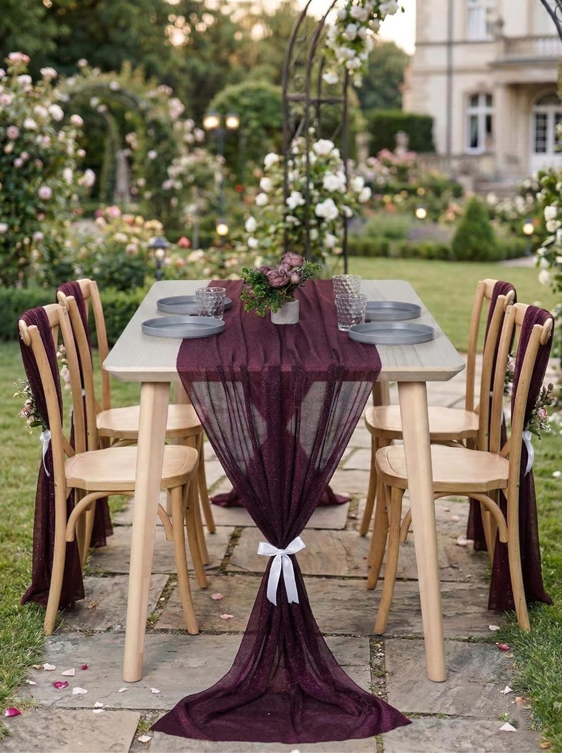 MDS 12 Pack 10ft Chiffon Table Runner 29 x120 Inches Sheer Wedding Runner Romantic Rustic Table Runner for Wedding Decorations, Birthday Parties, Bridal Shower Party Arch Decor - Eggplant